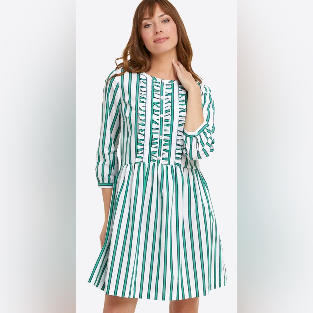 Draper James | XS Cotton Ruffle Placket Shift Dress in Bold Green Stripe